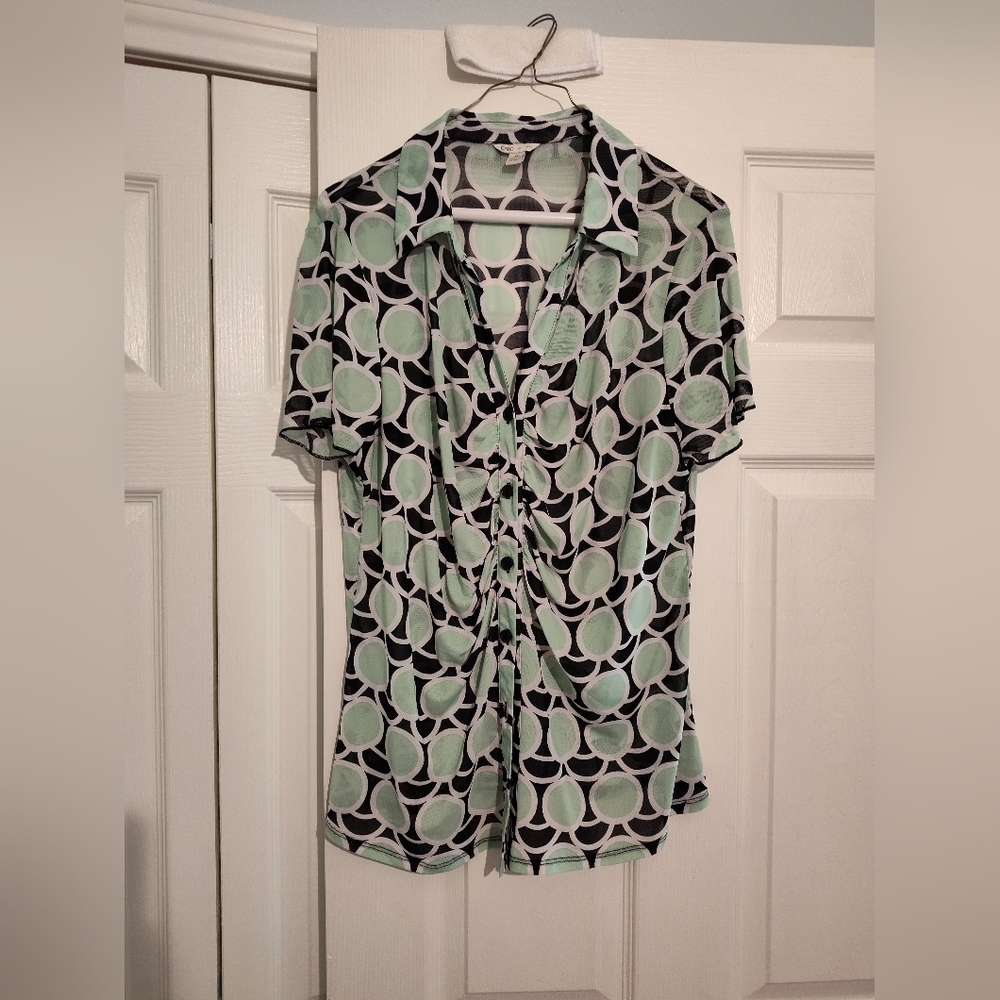 Cato XL Sheer Blouse Mint Green Black White Geometric Circle Print Button Top
